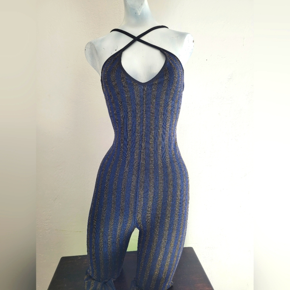 Striped Halter Jumpsuit in Blue and Gold Sz. S